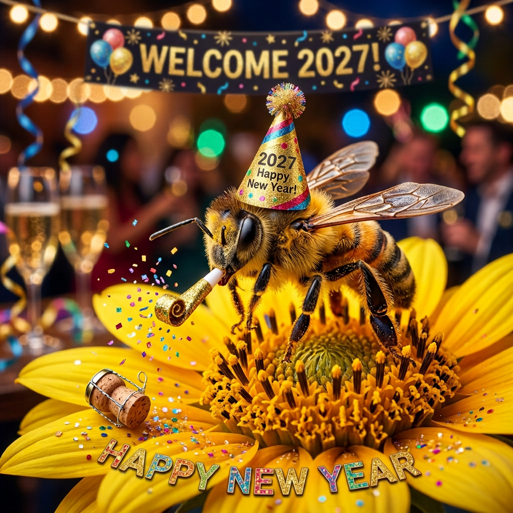WELCOME 2024; 2024 Happy New Year; HAPPY NEW YEAR, with bee wearing party hat
